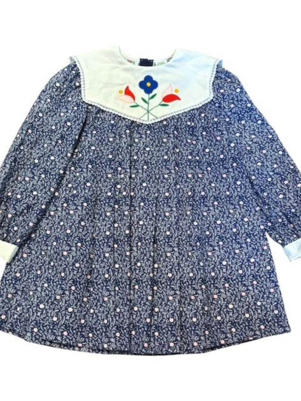 Vtg Alyssa White Collared Bib Navy Dress Pink Florals Tulips Long Sleeve Size 6